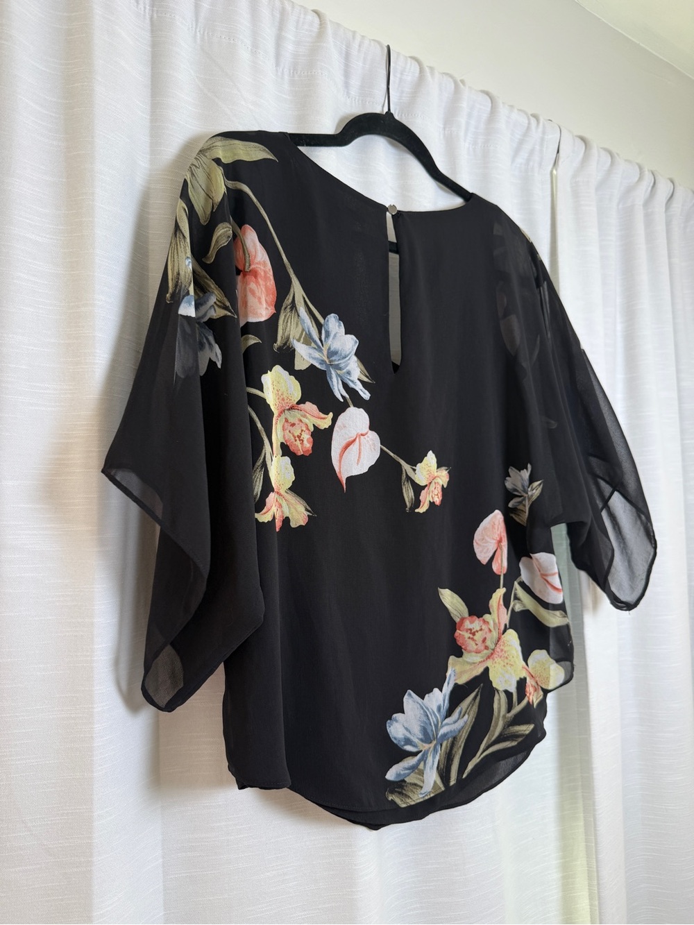 White House Black Market Black Floral Chiffon Blouse | Size XS - Picture 9 of 12